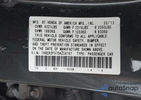 2013 Honda Accord Sport из США, поврежденный, VIN 1HGCR2F57DA208797